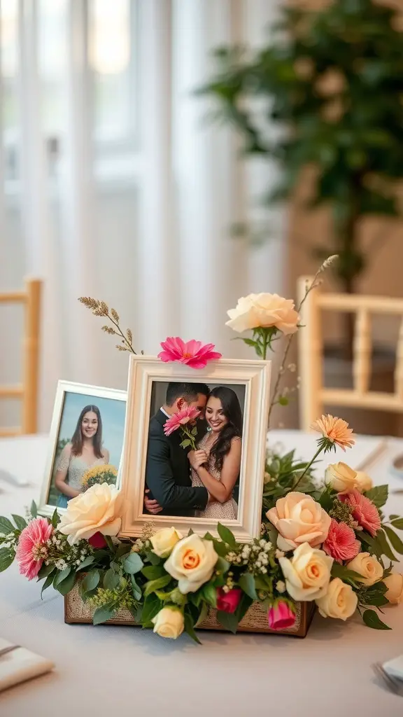 A winter wedding centerpiece featuring personalized photo frames surrounded by colorful flowers.