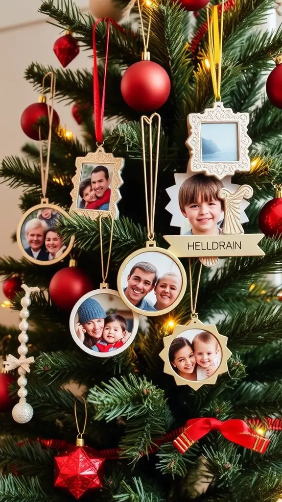 A Christmas tree decorated with personalized photo ornaments showcasing family memories.