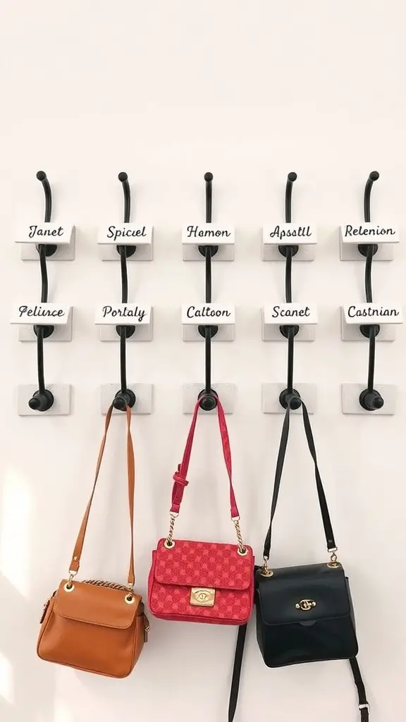 A wall with personalized purse hooks displaying various bags.