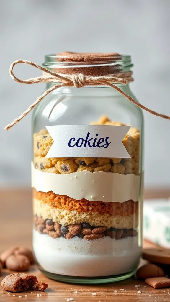 A jar filled with layers of cookie ingredients, labeled 'cookies', tied with twine.