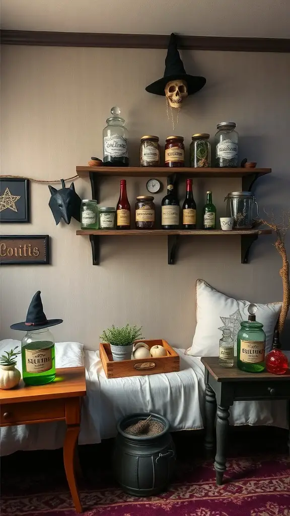 A cozy witchy bedroom corner with shelves displaying various spell jars and potions, featuring a skull and witch's hat.