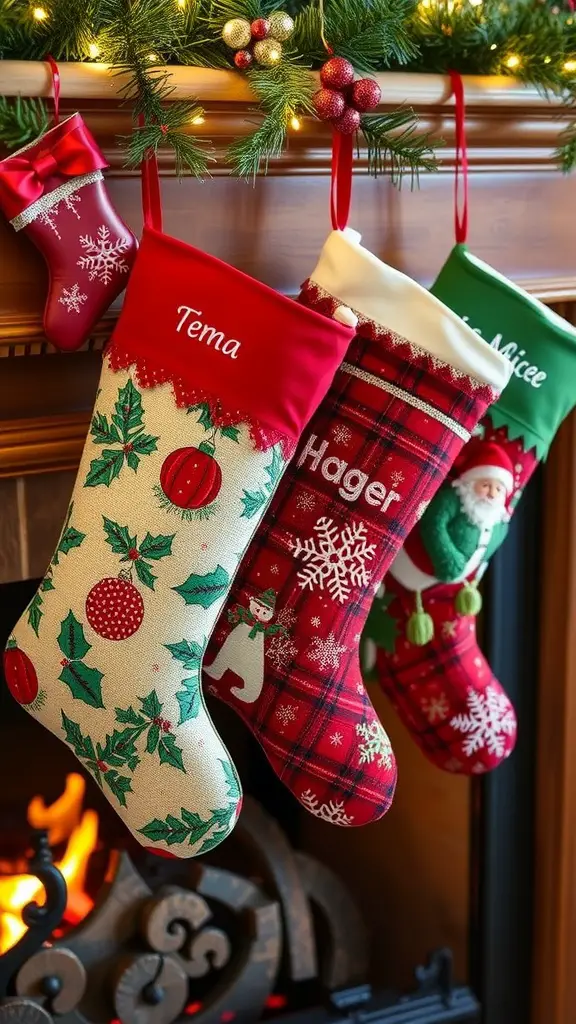15 Creative Dollar Tree Christmas Decor Ideas for a Festive Home 7 Colorful personalized Christmas stockings hanging by a fireplace