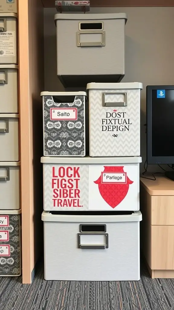 15 Creative Office Storage Ideas to Maximize Space 17 A stack of personalized storage boxes with various labels and designs.