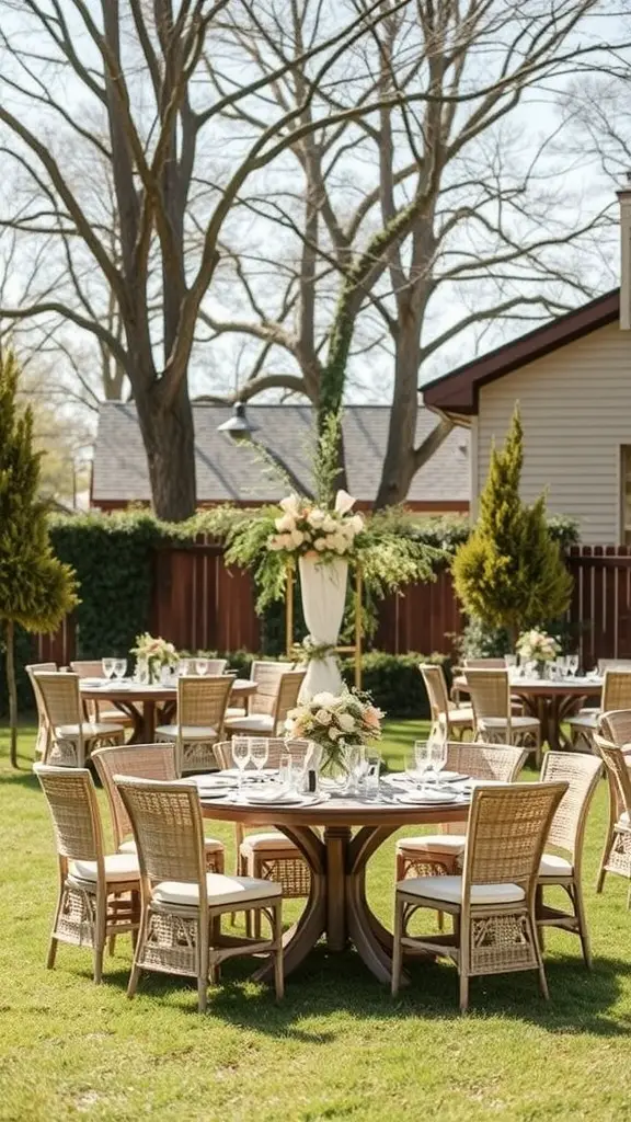 21 Creative Ideas for a Stunning Backyard Micro Wedding 4 Backyard micro wedding setup with round tables, elegant chairs, and floral decorations.