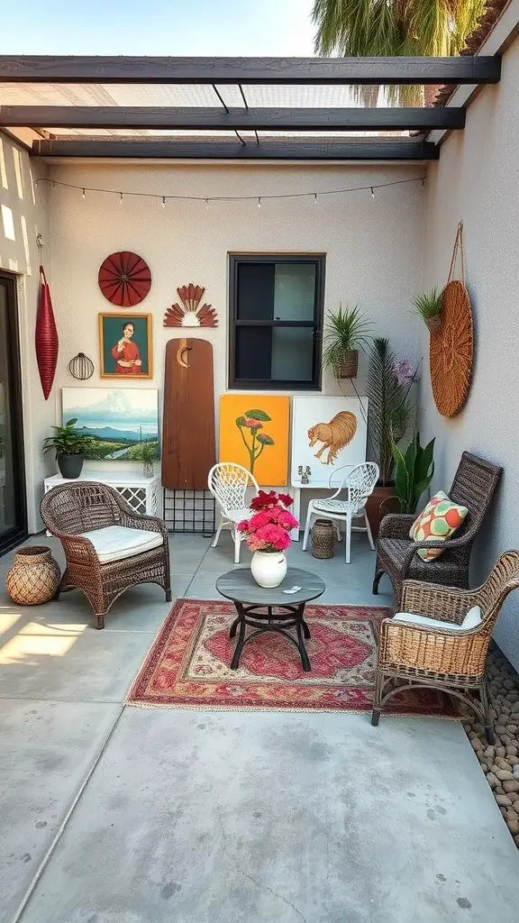 19+ Stunning Concrete Patio Makeover Ideas You’ll Love 17 A cozy patio with colorful wall art, plants, and comfortable seating.