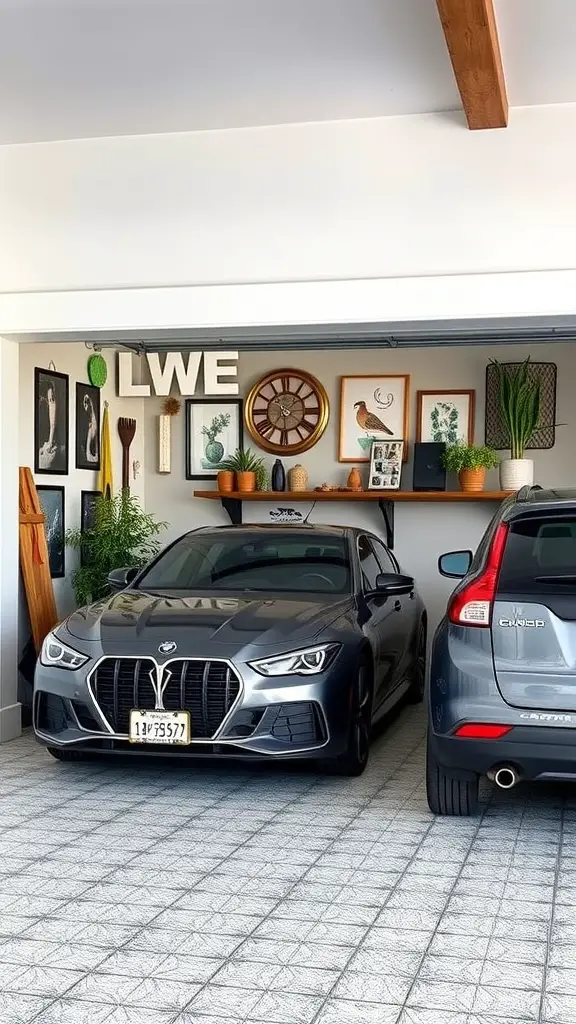 A stylish two-car garage with decorative elements like framed art, plants, and personalized letters.