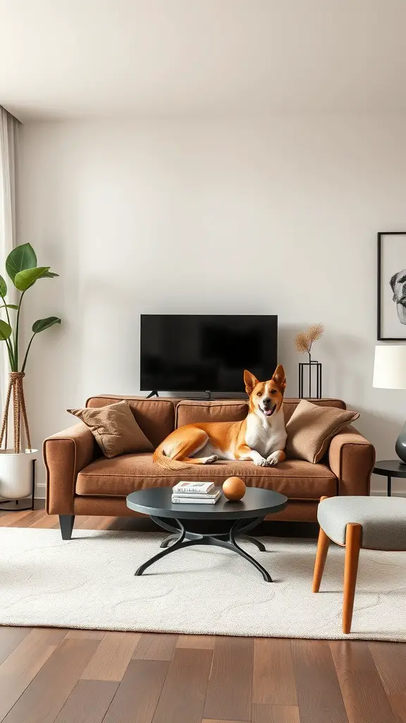 A cozy living room with a dog lounging on a brown sofa, a coffee table in front, and a plant in the corner.