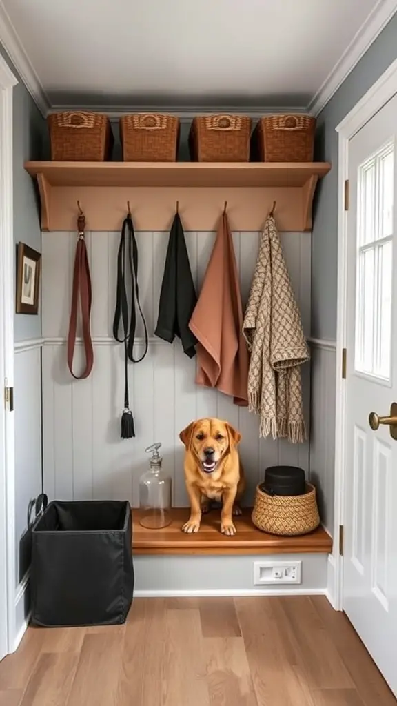 A cozy pet-friendly mudroom featuring a happy dog on a bench, storage baskets, and hooks for leashes.