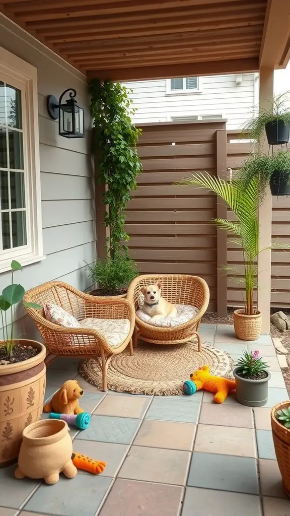 17 Creative Small Apartment Patio Ideas You’ll Love 17 A cozy small patio featuring rattan chairs, a dog resting on a cushion, and colorful pet toys scattered around.