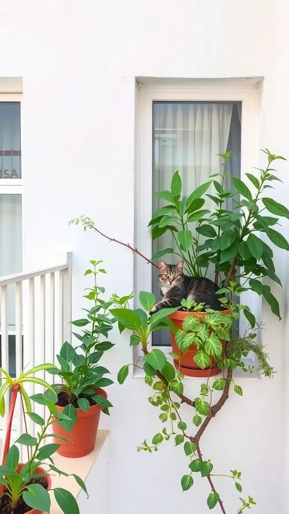 21 Creative Balcony Landscaping Ideas You’ll Love 16 A cozy balcony with various plants and a cat lounging among them.