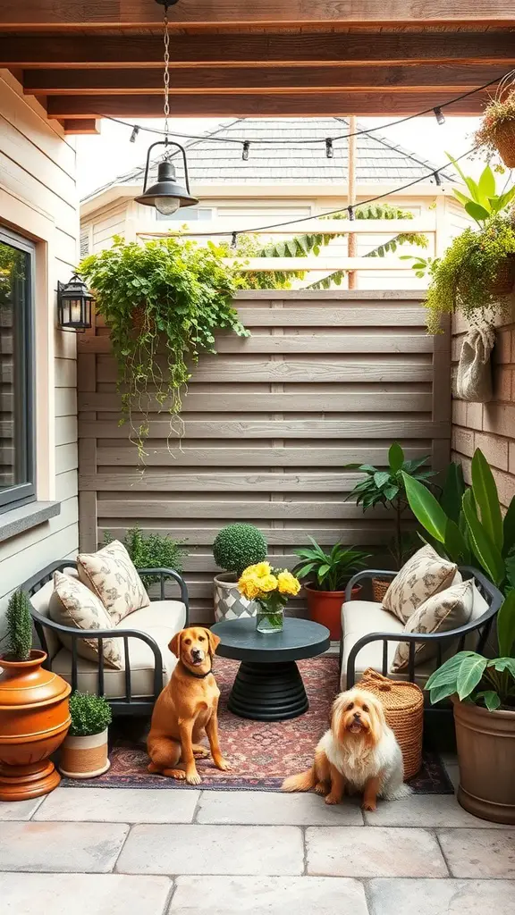 15 Charming Small Outdoor Patio Ideas for a Cozy Retreat 13 A cozy outdoor patio with two dogs sitting on a rug, surrounded by comfortable seating and potted plants.