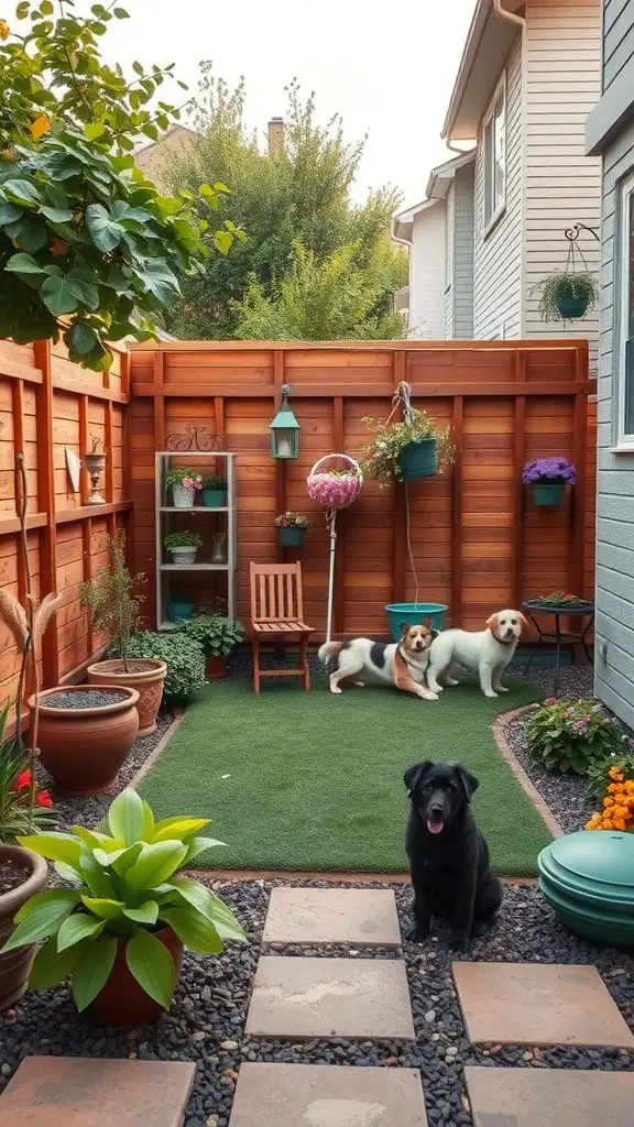 A small pet-friendly backyard with two dogs on artificial grass, surrounded by potted plants and a wooden fence.