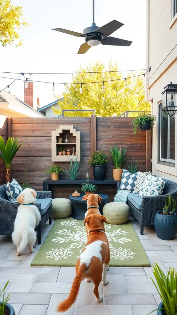 15 Inspiring Outdoor Patio Ideas for Your Dream Space 15 A pet-friendly outdoor patio with two dogs, comfortable seating, and plants.