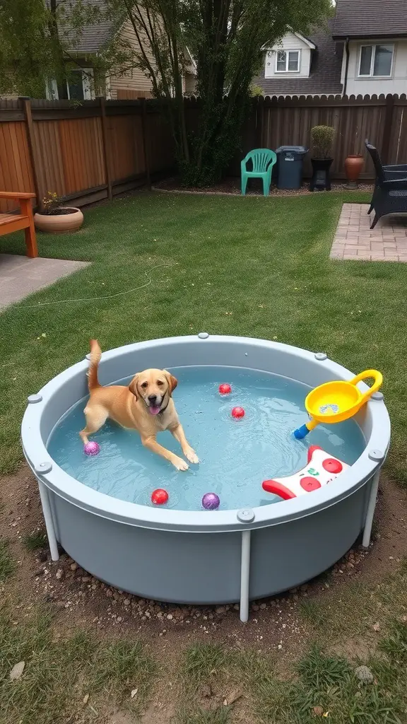 21+ Unique Stock Tank Pool Ideas for Your Backyard Oasis 17 A happy dog playing in a stock tank pool with colorful floating toys in a backyard setting.