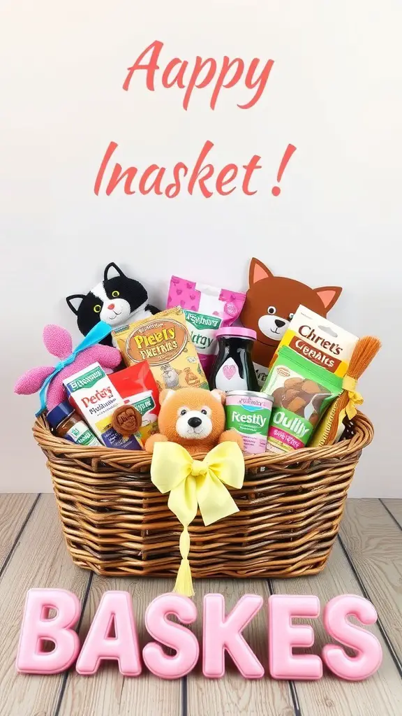 15 Creative Dollar Tree Gift Basket Ideas for Any Occasion 5 A colorful gift basket filled with pet treats and toys, featuring plush animals and snacks, with the words 'Aappy Inasket!' above.