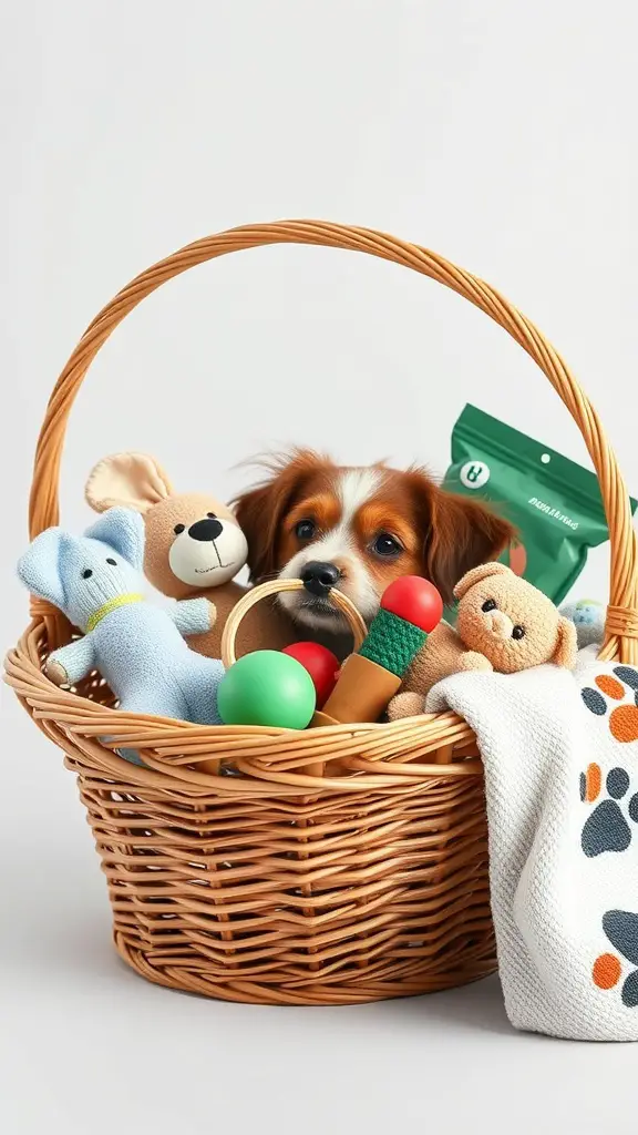 21 Creative Auction Basket Ideas You’ll Love 6 A cozy pet pampering basket filled with colorful toys, treats, and a soft blanket, with a small dog peeking out.