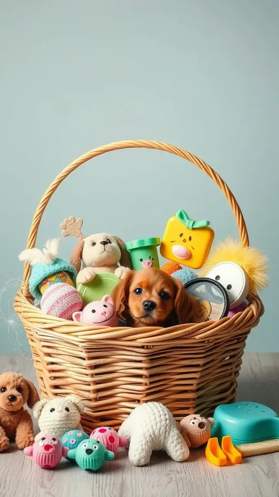 19 Creative Raffle Basket Ideas You’ll Love 4 A wicker basket filled with colorful pet toys and a puppy peeking out.
