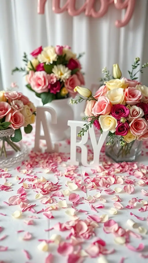 17 Adorable Floral Baby Shower Decorations You Need to Try 6 Table decorated with petal confetti and floral arrangements for a baby shower