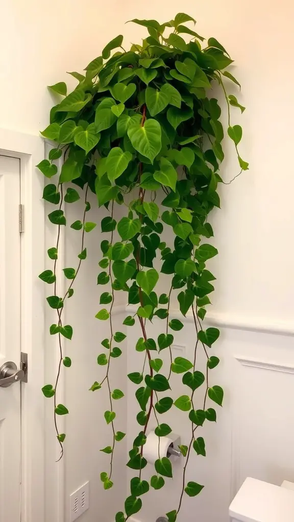 21 Stunning Bathroom Plants for a Fresh and Lively Space 12 A lush Philodendron plant with trailing vines in a bathroom corner.