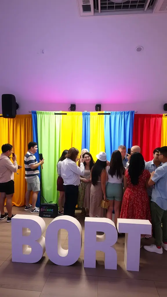 33 Fun and Creative House Party Ideas to Dazzle Your Guests 12 A lively photo booth setup with colorful curtains and guests posing for pictures.