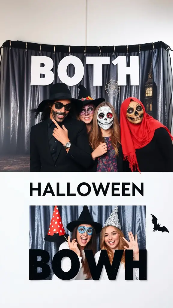 21 Spooktacular Halloween Party Ideas for a Frightfully Fun Celebration 12 Group of friends posing in a Halloween-themed photo booth with props.