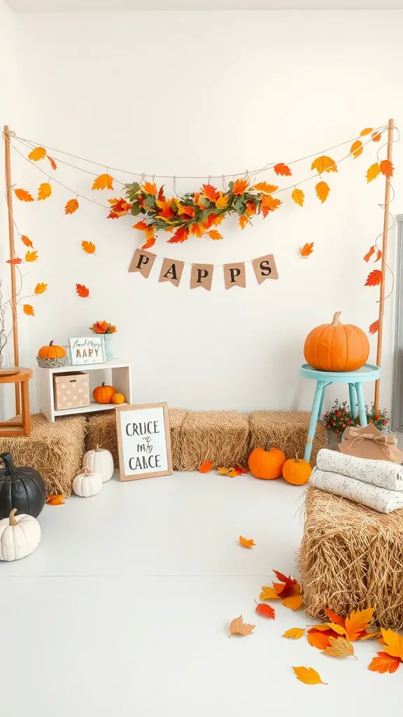 17 Creative Baby Shower Ideas for a September Celebration 11 A cozy fall-themed photo booth with pumpkins, hay bales, and autumn leaves.