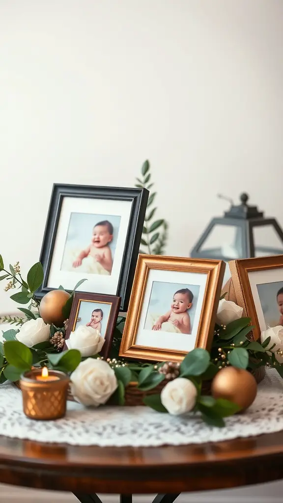 21 Adorable Baby Shower Table Centerpieces for Your Celebration 13 A table centerpiece featuring multiple photo frames with baby pictures, surrounded by white roses, greenery, and a candle.