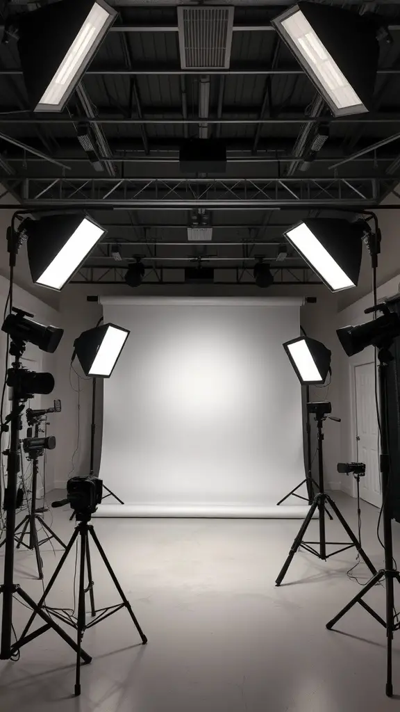 A photography studio with multiple light sources and a white backdrop, ready for shooting.