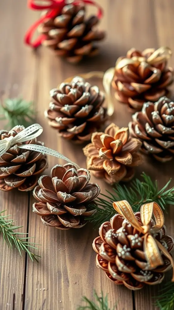 Homemade pine cone ornaments decorated with ribbons and glitter on a wooden surface.