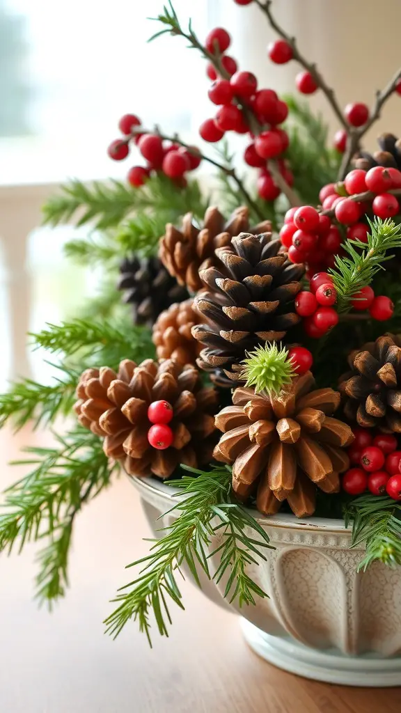 17 Stunning Fall Centerpieces for Your Dining Table 15 A decorative centerpiece featuring pinecones, red berries, and greenery in a bowl.