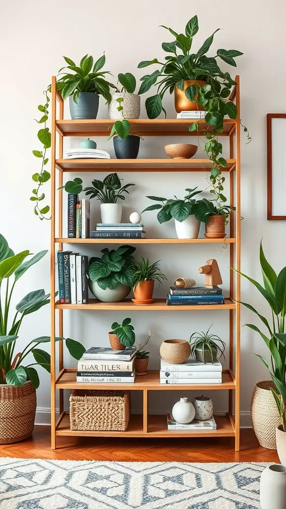 17 Creative Indoor Garden Ideas to Transform Your Space 14 A wooden shelf displaying various indoor plants, books, and decorative items.