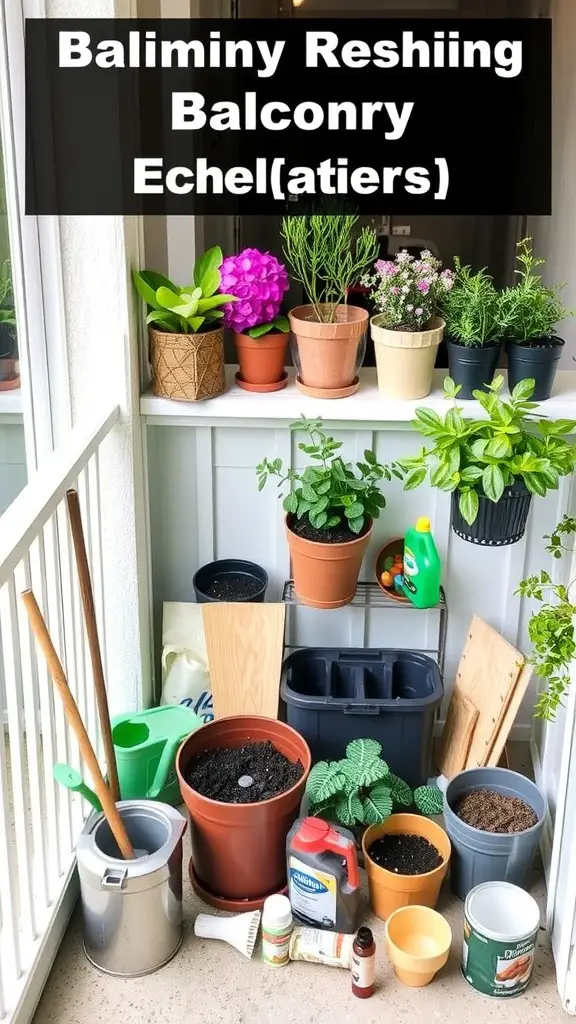 23 Creative Balcony Railing Planters to Transform Your Outdoor Space 15 A collection of balcony planter accessories and tools including pots, soil, and gardening tools.