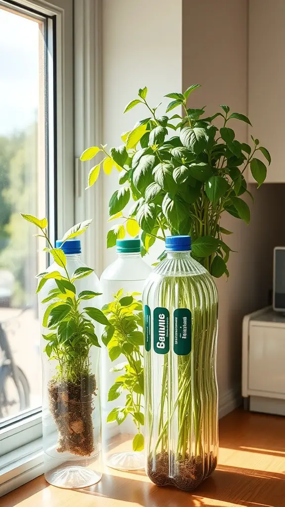 Plastic bottles used as planters for growing herbs indoors