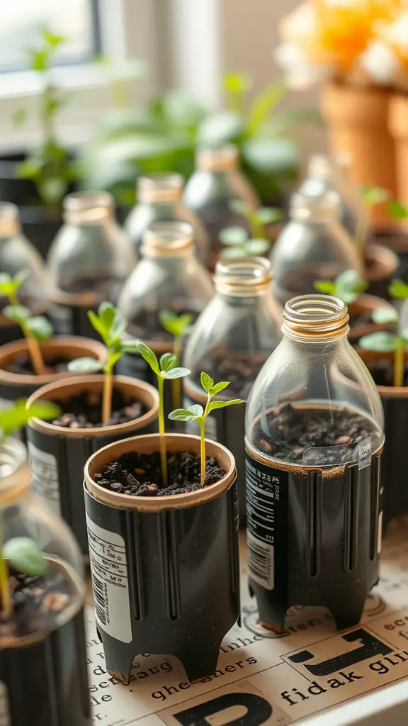 Plastic bottles used as seed starters with small green seedlings growing inside