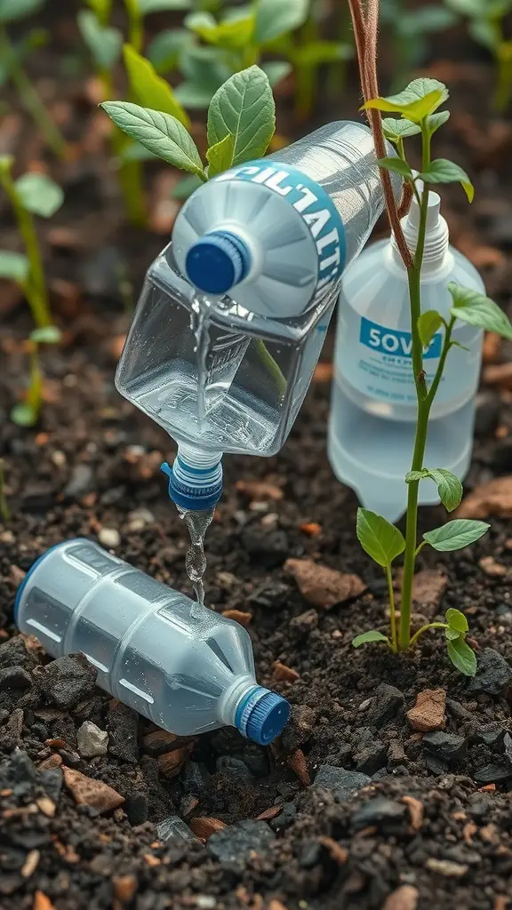 A plastic bottle watering system in a garden, showing water dripping from one bottle to another, nourishing the plants.