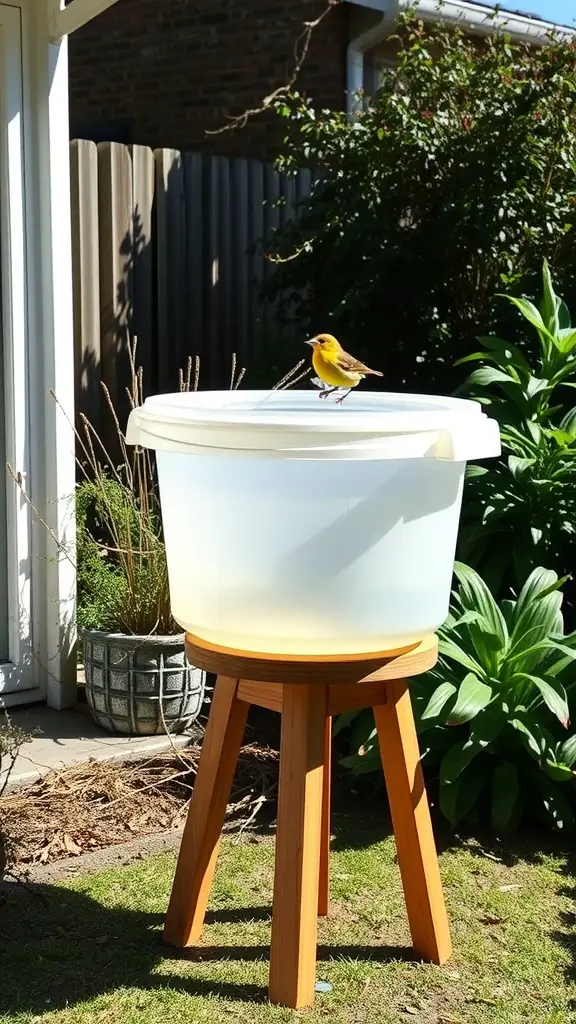 A plastic storage container bird bath on a wooden stand with a yellow bird perched on the edge.