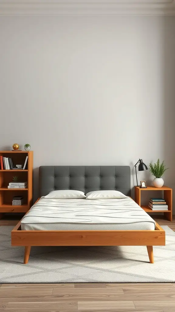 25+Creative Bed Frame with Storage Ideas You’ll Love 10 A modern platform bed with a gray headboard and wooden shelving units on either side, featuring books and plants.