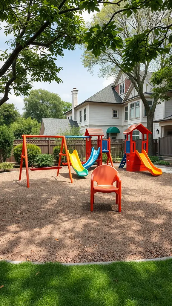 A colorful children's play area with swings and slides in a backyard