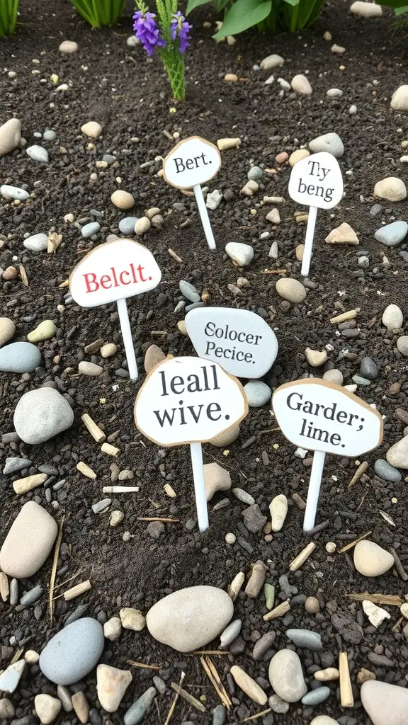 21 Creative Dollar Tree DIY Home Decor Ideas 16 A collection of DIY garden markers with playful names in a garden setting.