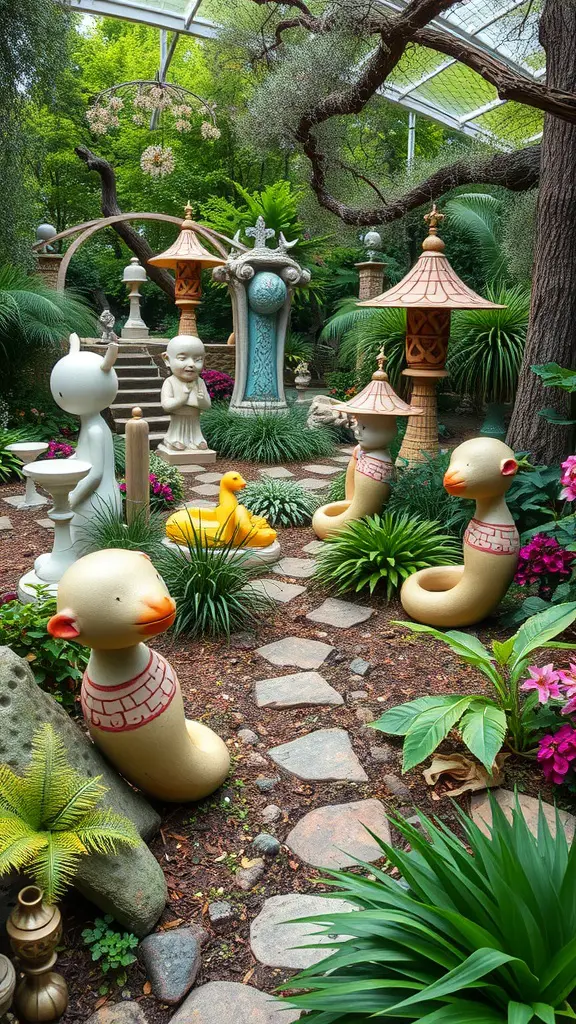 A whimsical garden featuring colorful sculptures, including ducks and playful characters, surrounded by lush greenery and a stone pathway.