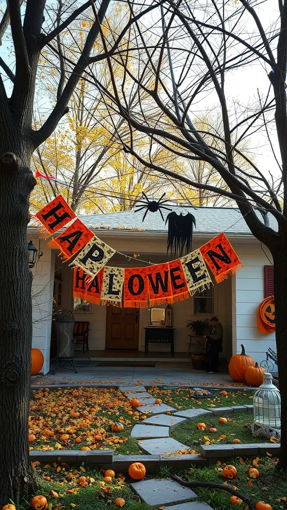 A colorful Halloween banner reading 'HAP-LOWEEN' hanging between trees, surrounded by pumpkins and autumn leaves.