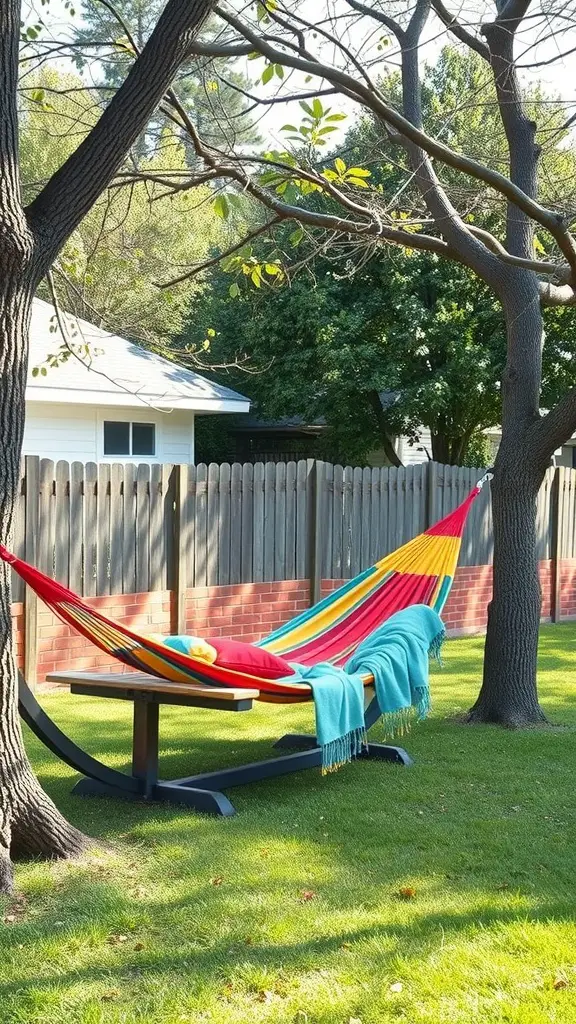 Colorful hammock with pillows and blanket in a backyard setting