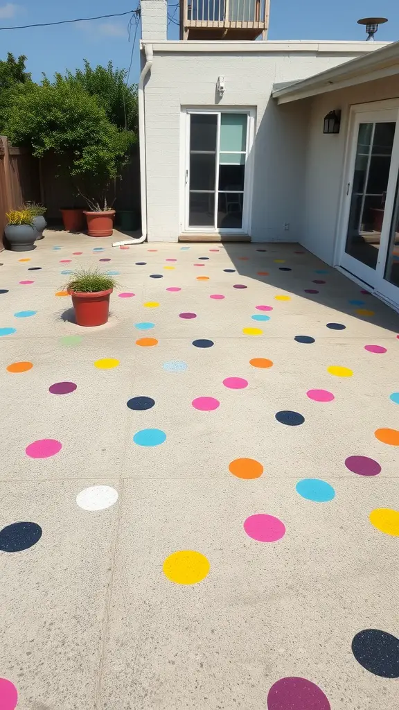 45 Creative Paint Ideas for Your Concrete Patio 12 Colorful polka dots on a concrete patio with potted plants.