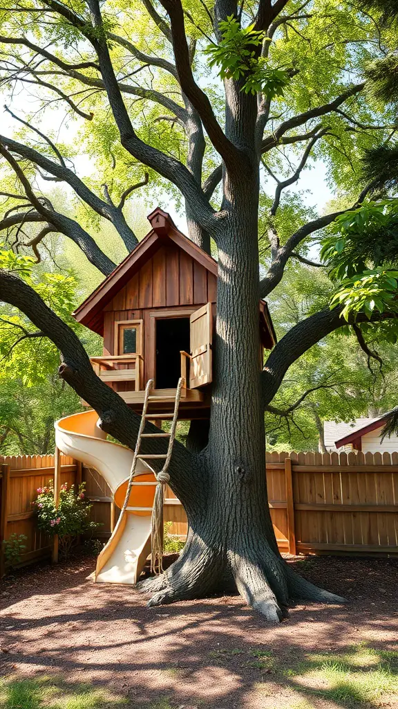 23 Amazing Backyard Ideas for Your Bloxburg Home 2 A wooden treehouse with a slide, nestled in a large tree in a backyard.