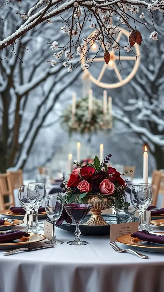 A winter wedding table setting featuring plum and silver colors with floral arrangements, candles, and elegant tableware.