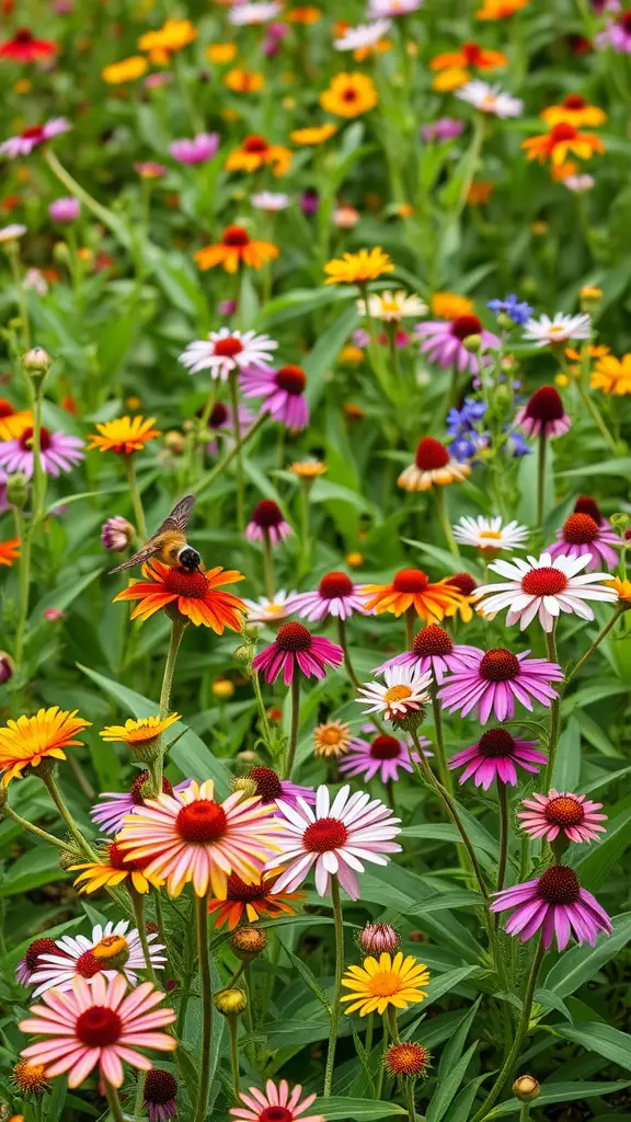 A colorful flower bed filled with various wildflowers attracting pollinators.