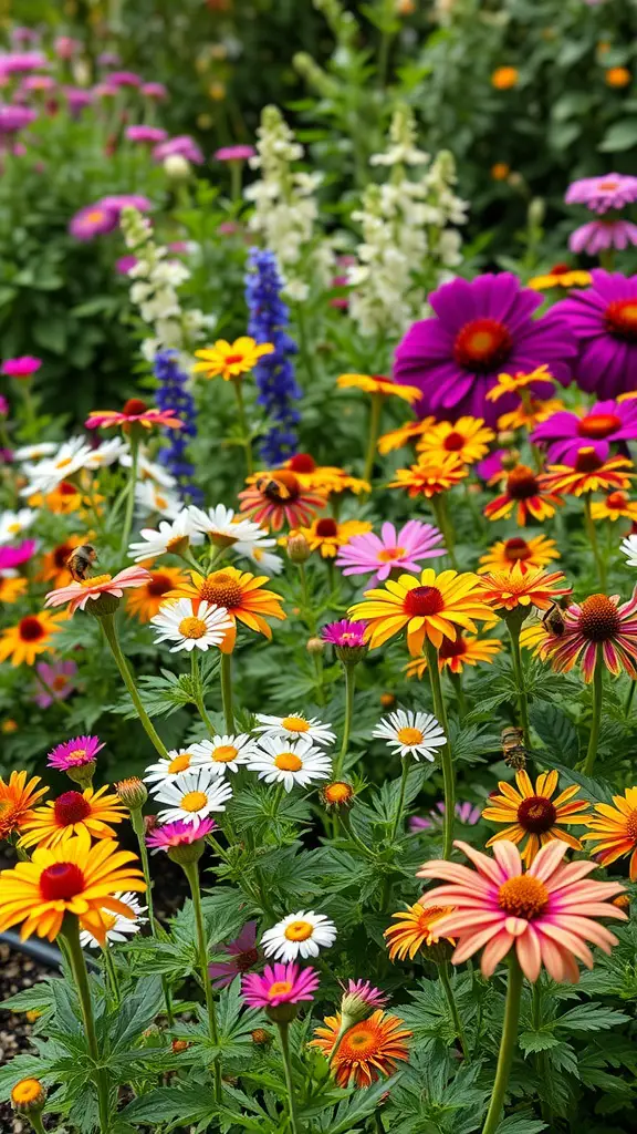 15 Inspiring Perennial Garden Design Ideas to Transform Your Space 6 A colorful garden bed filled with various perennial flowers, including daisies and coneflowers, attracting bees.