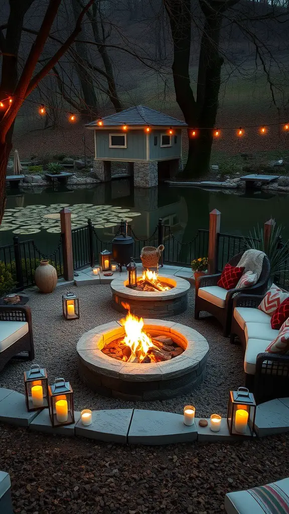 21 Stunning Pond Landscaping Ideas to Transform Your Backyard 12 A cozy pondside fire pit area with stone fire pits, comfortable seating, and string lights.