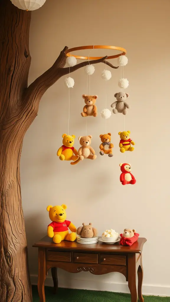 19 Adorable Winnie the Pooh Baby Shower Decoration Ideas 16 A colorful mobile featuring Winnie the Pooh and friends, hanging from a circular frame with plush characters and decorative pom-poms.
