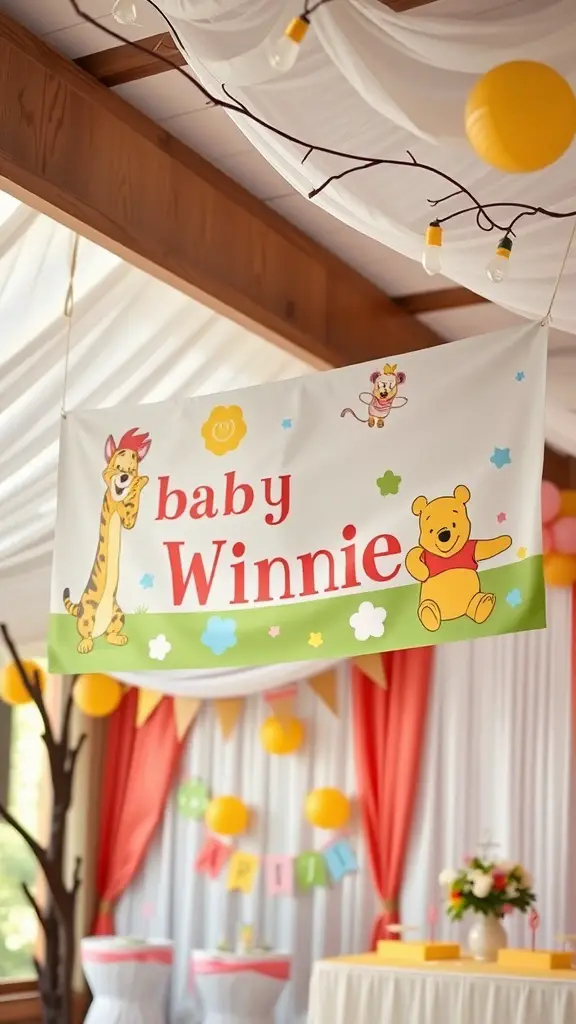 19 Adorable Winnie the Pooh Baby Shower Decoration Ideas 10 A colorful banner featuring Winnie the Pooh and friends, with the text 'baby Winnie' for a baby shower decoration.